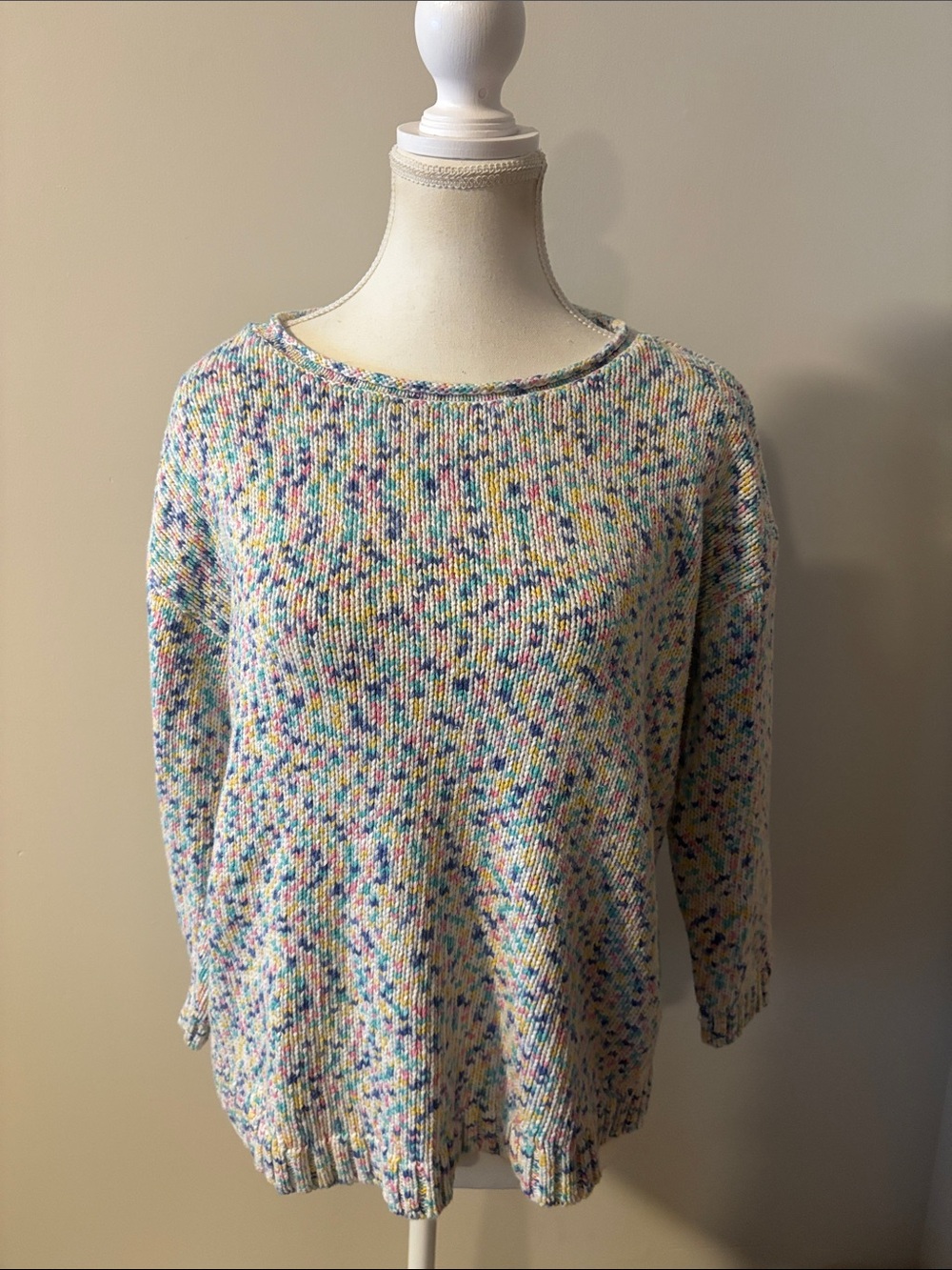 Talbots White Multicolor Confetti Pastel Rolled Crewneck 3/4 Sleeve Sweater. Sm
